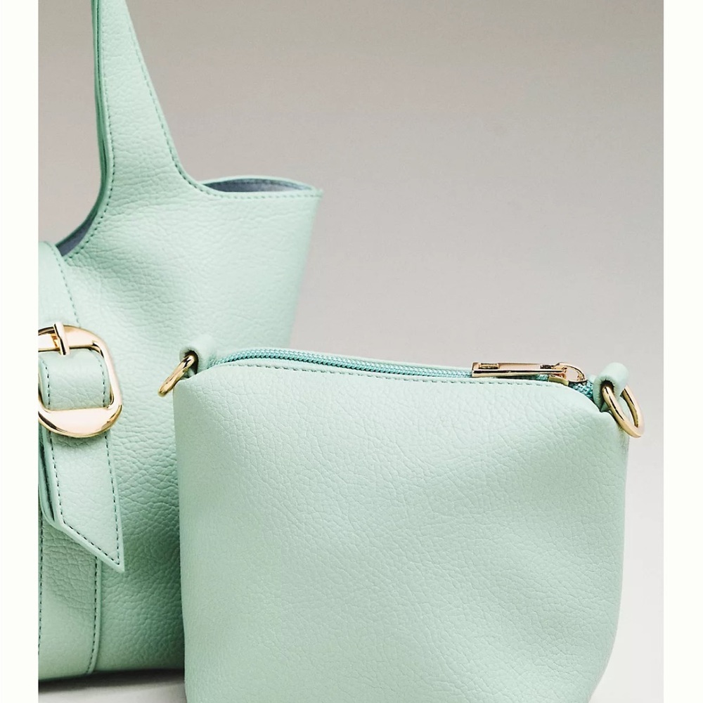 Anthropologie Mint Green Pebbled Mini Bucket Tote Bag - Picture 7 of 7